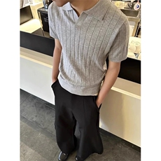 网图有货老钱风条纹针织短袖T恤男女编织坑条V领POLO衫A465-P40，男装T恤，星座1505