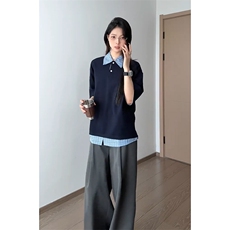 藏青色假两件短袖男女夏季潮牌衬衫拼接t恤重磅美式学院风polo衫，男装T恤，星座1210-1
