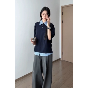 藏青色假两件短袖男女夏季潮牌衬衫拼接t恤重磅美式学院风polo衫图片