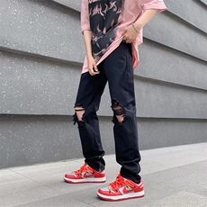 高街嘻哈膝盖破洞牛仔裤男女街头水洗直筒vibe拉链乞丐裤DN14-p40，男装牛仔裤，星座1008-1