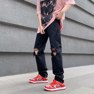 高街嘻哈膝盖破洞牛仔裤男女街头水洗直筒vibe拉链乞丐裤DN14-p40图片