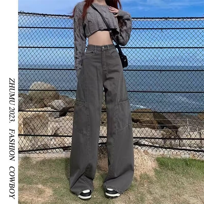 美式复古灰色工装裤女夏季新款高腰宽松阔腿显瘦百搭直筒牛仔裤子,男装牛仔裤,星座813-2