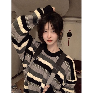 美式复古学院风条纹毛衣女秋冬日系慵懒风潮牌宽松软糯糯针织外套图片