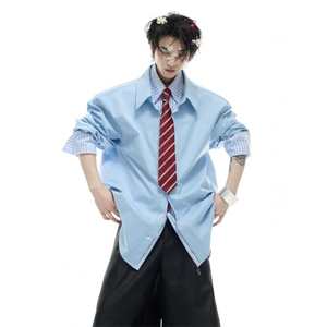 白色条纹撞色假两件衬衫男款夏季痞帅cleanfit衬衣外套 CA6756图片
