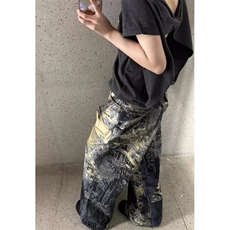 美式复古做旧破洞裤男阔腿裤脏染泼墨涂鸦牛仔长裤原宿N6086，男装休闲裤，星座1116A（原606A-3）
