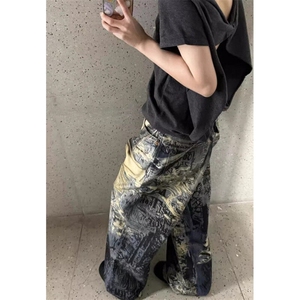 美式复古做旧破洞裤男阔腿裤脏染泼墨涂鸦牛仔长裤原宿 N6086图片