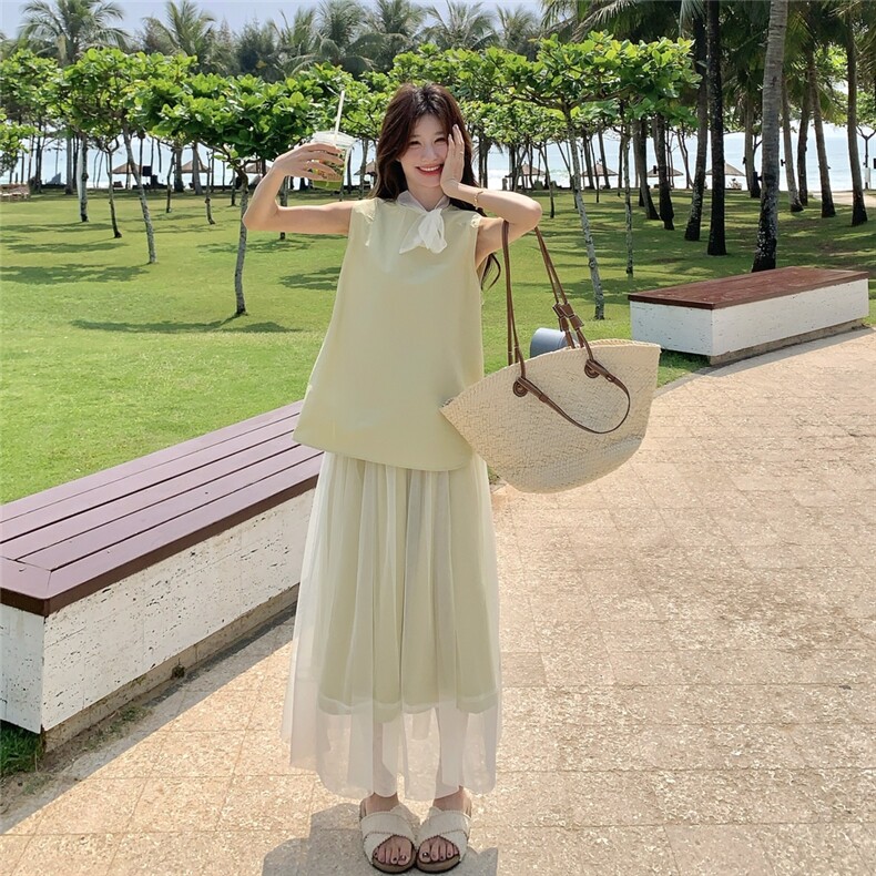 法式小香风网纱拼接无袖背心女夏季新款高腰显瘦半身裙两件套,女装套装/套裙,2C159
