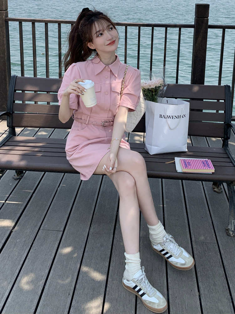 时尚粉色短款工装连衣裙收腰显瘦小个子甜美减龄气质洋气短裙女夏,女装连衣裙,浙宝192（原082）