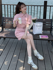 时尚粉色短款工装连衣裙收腰显瘦小个子甜美减龄气质洋气短裙女夏，女装连衣裙，浙宝192（原082）