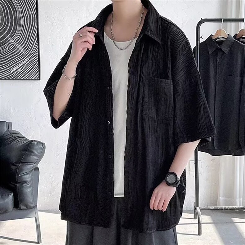 简约文艺时尚新款翻领短袖潮流波浪冰丝条纹衬衫男潮流CA63-P37，男装T恤，星座208-5