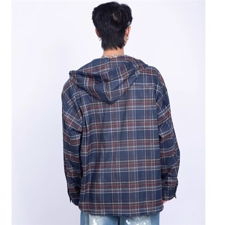 C260-P652025秋季新款复古慵懒宽松蓝色格纹连帽衬衫男休闲长袖,男装衬衫,电商B323A