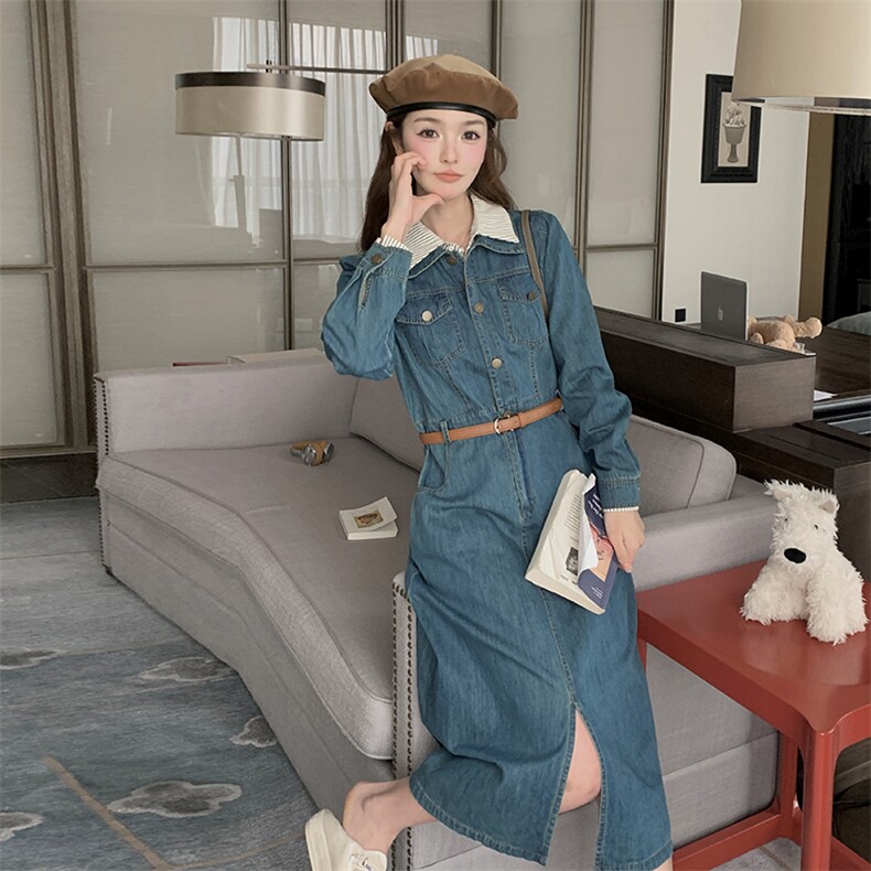 港风复古牛仔连衣裙女2025春季新款高级感时尚收腰显瘦翻领衬衫裙,女装套装/套裙,2C316