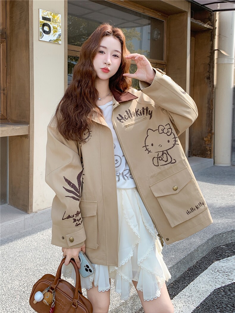 卡其色童趣涂鸦印花翻领撞色风衣外套女2025秋季韩系宽松休闲风,女装风衣,浙宝101