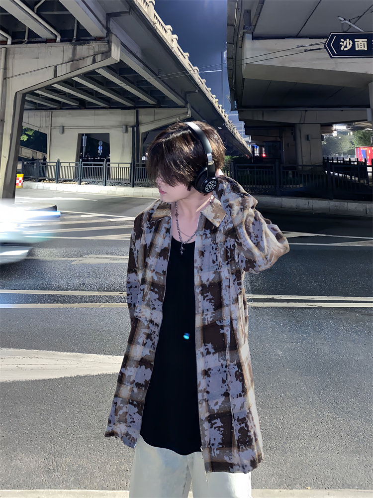 春季长袖衬衫外套男高级感痞帅美式格子扎染翻领拉链开衫衬衣潮牌,男装衬衫,星座410-7