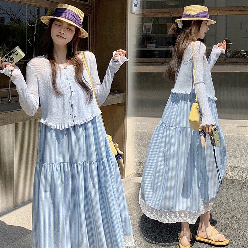 【新款】25夏季兰色竖条纹度假风两件套L602-P165-K228,女装连衣裙,2C317
