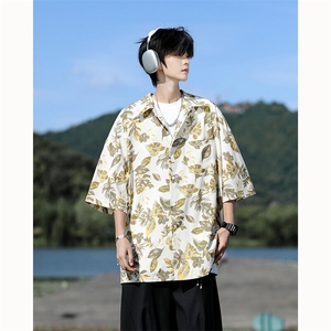 满印碎花衬衫短袖大码复古花卉衬衫夏威夷冰丝沙滩衬衣DC5016/P35图片