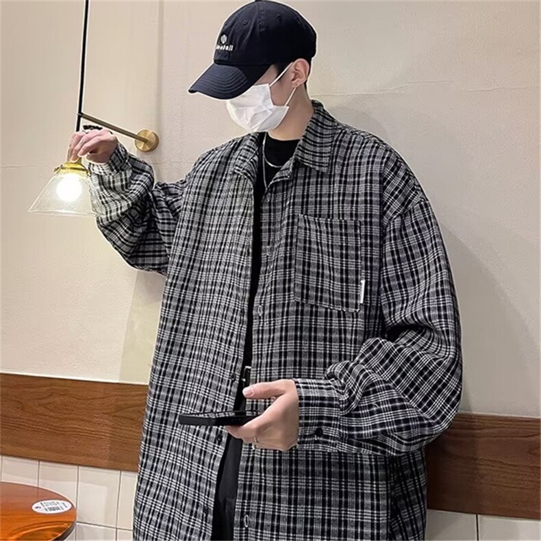 2024春季新款港风格子衬衫男长袖宽松潮流百搭衬衣现货W8107-P33,男装衬衫,星座512-4