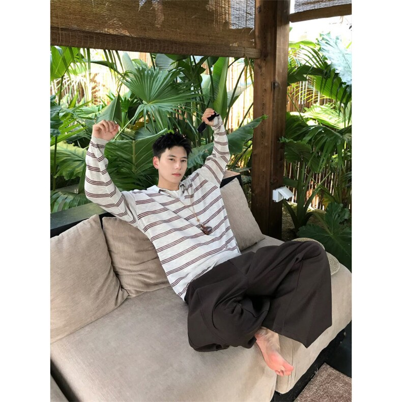 潮牌港风条纹长袖Polo衫男美式复古宽松休闲卫衣,男装Polo衫,四季星座505