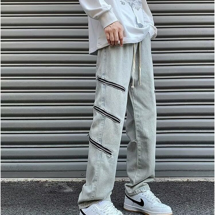 美式高街拉链牛仔裤男高级感宽松设计感拼接裤子长裤C10-2/P52,男装牛仔裤,星座506