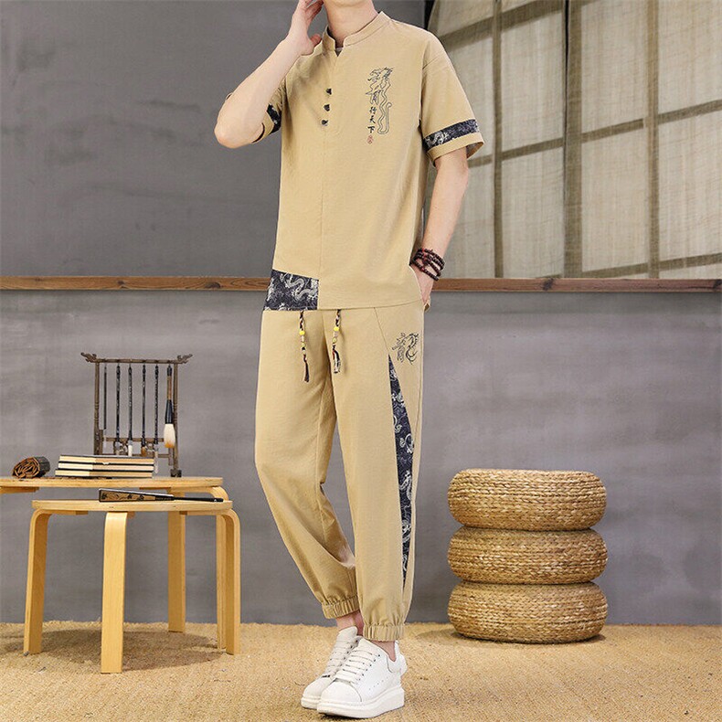 风夏季两件套男士冰丝宽松短袖套装民族男装汉服,男装T恤,星座1206（原A206）
