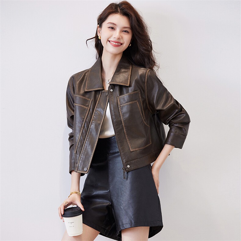 复古短款机车皮衣外套女春季2024新款宽松炸街小个子pu皮夹克上衣,女装皮衣,潮流依族