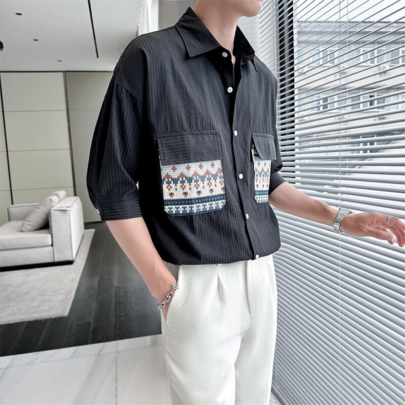现货2025春季男士高品质衬衫轻奢风七分袖口袋宽松衬衣901C32P58,男装衬衫,星座901