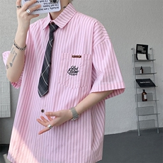 CS1132-特P48控78夏新大码刺绣短袖条纹衬衫男学院风（带领带），男装T恤，电商A059