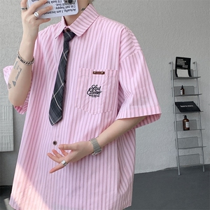 CS1132-特P48 控78 夏新大码刺绣短袖条纹衬衫男学院风（带领带）图片