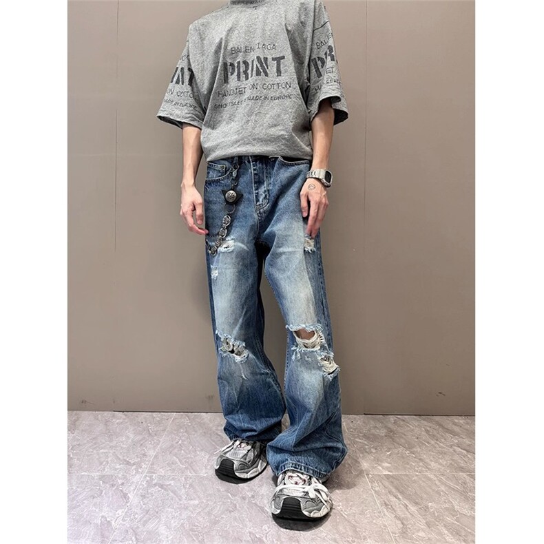 美式高街水洗破洞牛仔裤男夏季薄款复古直筒微喇裤子XK1116，男装牛仔裤，星座208-5