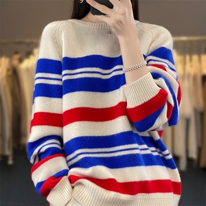 羊范24秋冬羊毛衫女加厚撞色条纹毛衣圆领韩版宽松针织长袖图片