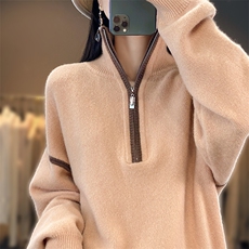 2025年秋季新款拉链款纯色针织上衣时尚休闲宽松，女装针织衫/毛衣，奢优羊绒