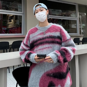 美式潮撞色条纹慵懒风男冬季宽松复古新款马海毛针织毛衣图片