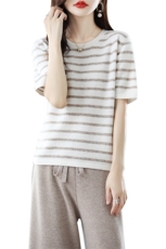 短袖羊毛衫女2024夏季新款羊毛短款条纹圆领薄款针织打底衫，女装T恤，蒙特羊绒