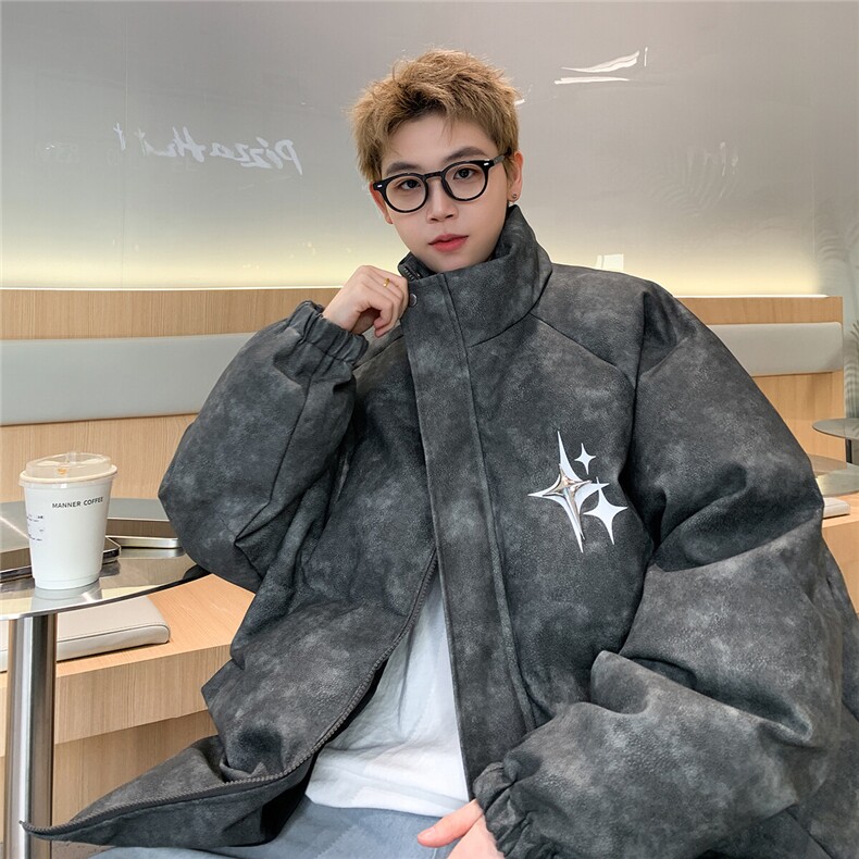 港风PU皮复古做旧可拆卸四芒星胸针设计棉衣男MY77721P128控168,男装棉衣,星座227-7