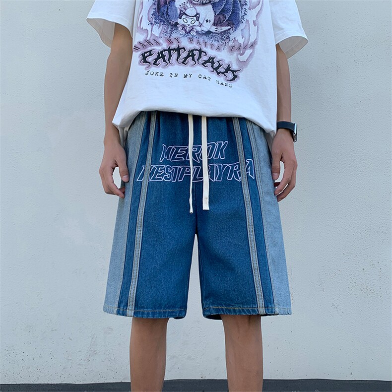 刺绣拼色高街牛仔裤X3052-TP40控价58夏季宽松百搭休闲五分裤男,男装休闲裤,电商A102-1