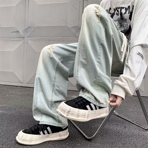 美式高街破洞牛仔裤男秋款潮牌复古宽松阔腿欧美直筒裤N6096-P43图片
