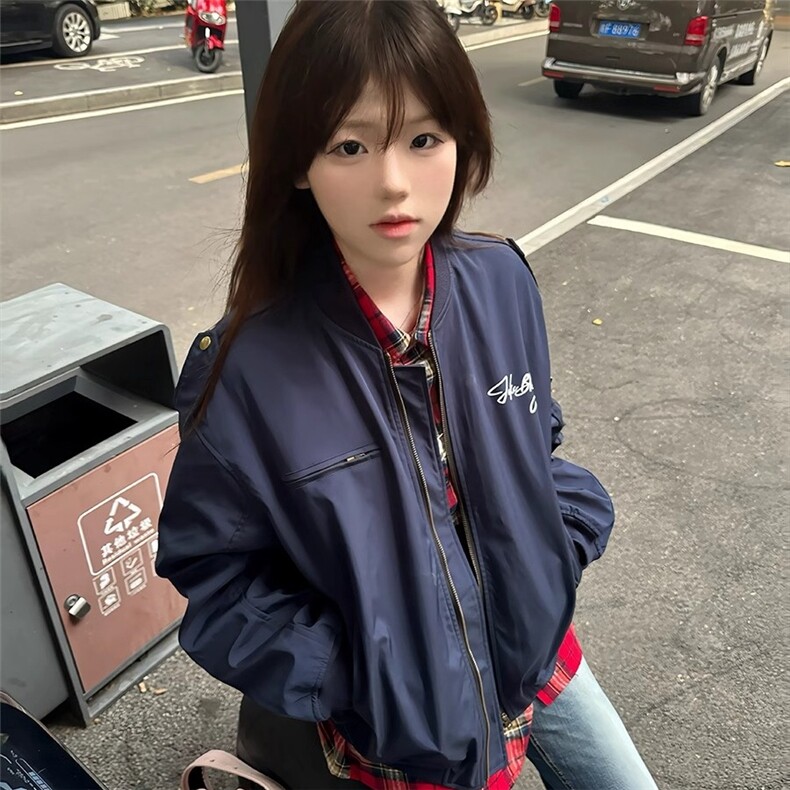 秋季美式复古藏青色飞行夹克简约宽松拉链外套棒球服LHT1511-P70,男装夹克,星座1008
