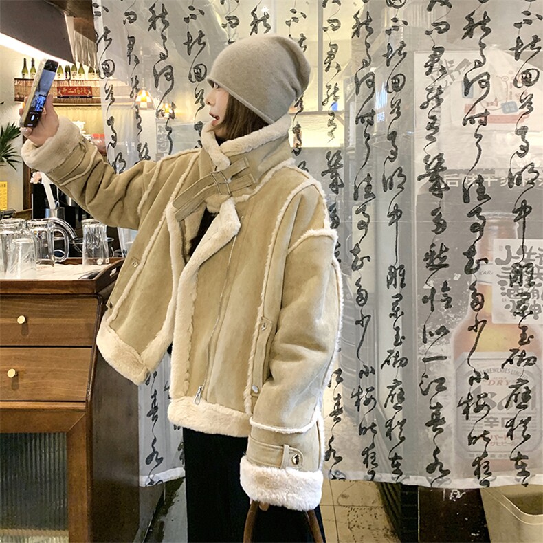 现货卡绿色皮毛一体羊羔毛加厚外套7687-P195-K278,女装皮草,2C159