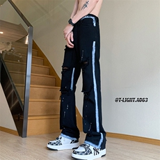 美式高街夏季破洞涂鸦黑白牛仔裤货号K739P65，男装牛仔裤，电商A063