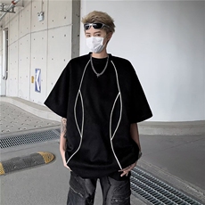 DT5575-P35美式高街解构反光条宽松短袖t恤男夏季潮牌复古麂皮绒，男装T恤，星座603-2
