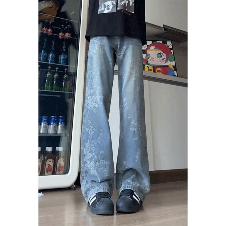 蓝色提花微喇牛仔裤男生ootd穿搭裤子美式高街vibe风格显瘦直筒裤图片