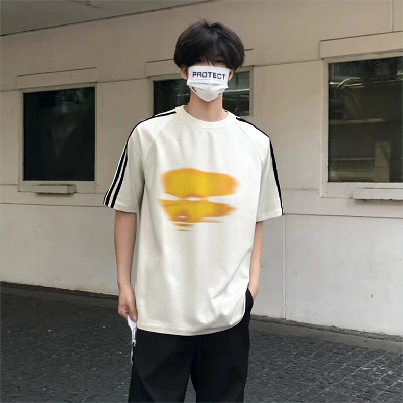 抖音得物高品质二开240克宽松纯棉美式潮牌三条杠织带短袖T恤,男装T恤,电商A486