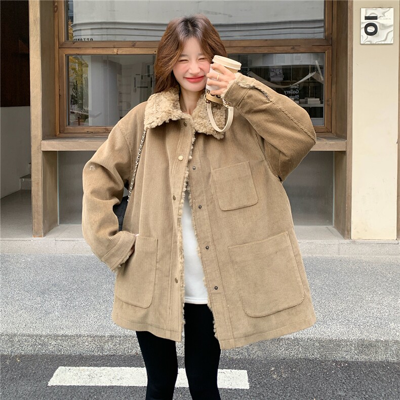 韩系翻领灯芯绒羊羔毛拼接羽绒服女冬季宽松加厚保暖中长款外套潮,女装羽绒服,2C292