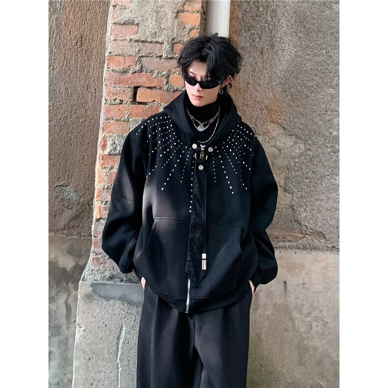 小众烫钻领带设计连帽卫衣重磅细闪宽松慵懒外套1001-1-HJ113-P70，女装短外套，星座1001-1