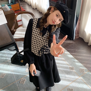新中式国风千鸟格马甲套装女2025春秋新款收腰显瘦衬衫长裙两件套图片