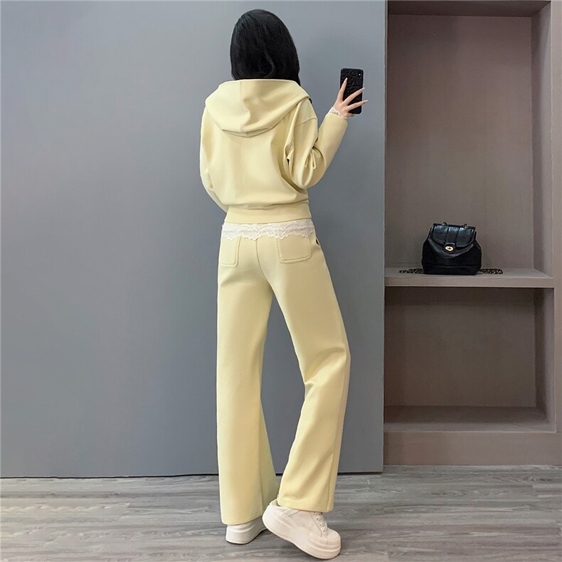 韩版时尚休闲套装修身显瘦连帽短款卫衣内搭蕾丝背心阔腿裤三件套,女装套装/套裙,江南