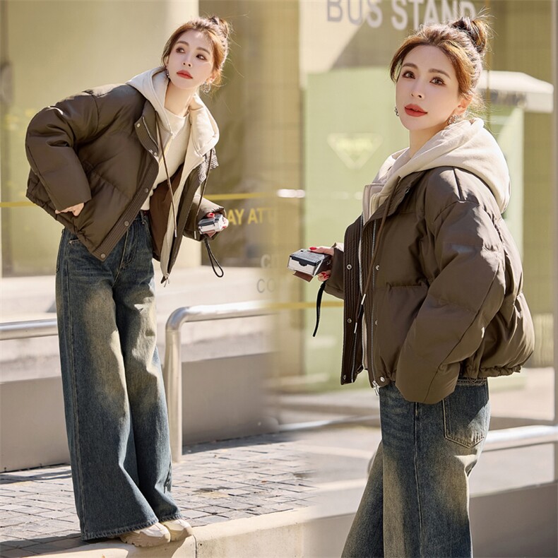 加厚PU皮羽绒服女宽松保暖小个子显高短外套新款蛋白皮免洗面包服,女装羽绒服,意芙