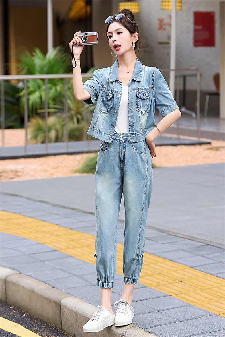 今年流行牛仔套装女夏季薄款短袖2025新款时尚洋气高端休闲两件套,女装套装/套裙,意芙