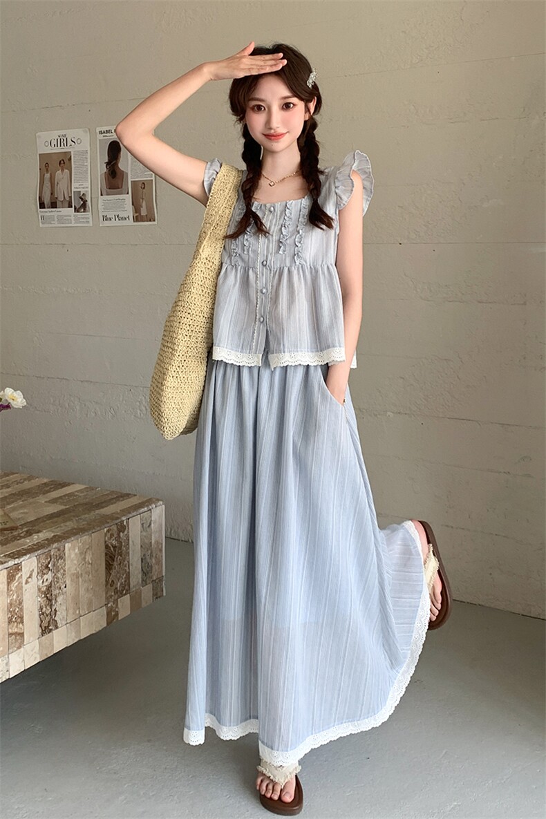 气质蓝色飞飞袖背心套装女2025夏新款温柔风蕾丝拼接半身裙两件套,女装套装/套裙,浙宝220