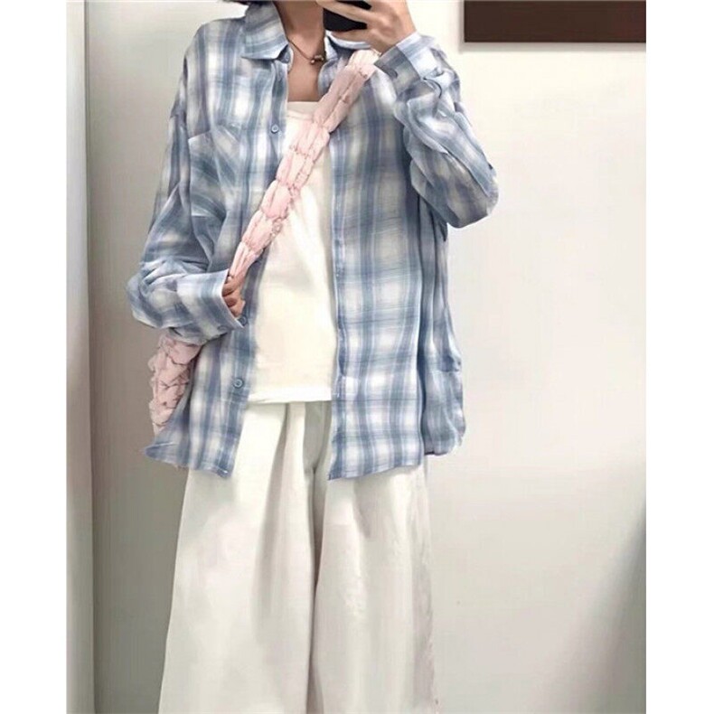 薄款防晒衬衫上衣女夏设计感宽松慵懒长袖格子休闲衬衣CS364,男装防晒衣,星座1116A（原606A-3）